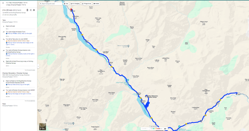 Google Map from Tabo to Kaza via the Dhankar Monastery - Day 5 of Spiti Circuit Tour