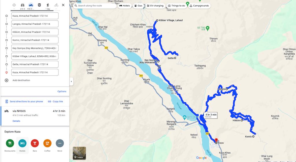 Kaza Tour Road Map explored Langza, you go to Hikkim and then to Komic and then you visit the Key Monastery. From there you go to Kibber and then to Gete after which you return to Kaza.