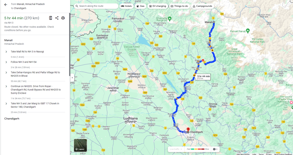 Manali To Chandigarh Map and Route