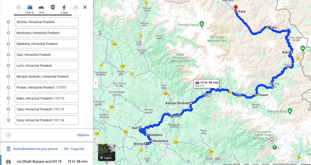 Map Route 1: Spiti Circuit Map from Shimla To Kaza