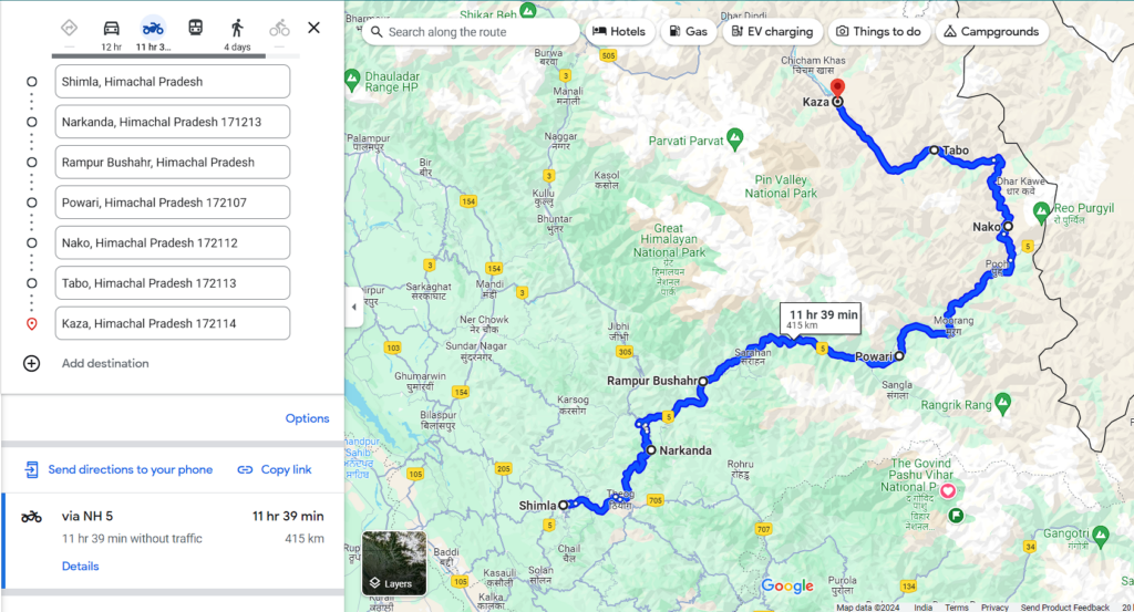 Spiti Circuit Map From Shimla to Kaza (Route 2)