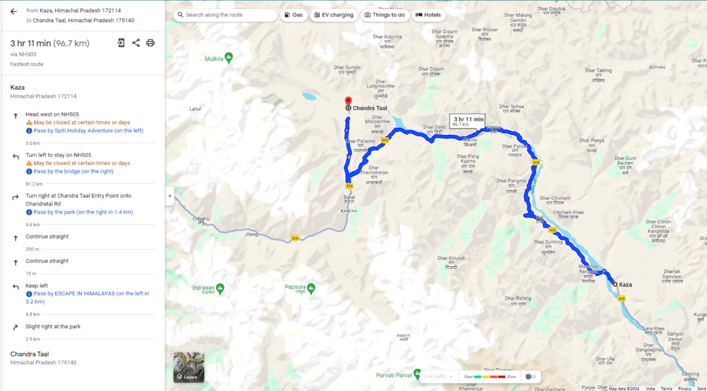 Google Map from Kaza to Chandra Taal - Day 7 of Spiti Circuit Tour